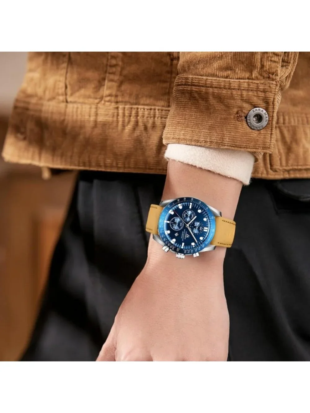 Men's Brown Blue Analog Quartz Leather Waterproof Luminous Luxury Casual Watch